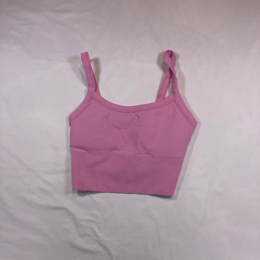 Pink Ribbed Athletic Crop Top Seamless Workout Tank Scoop Neck